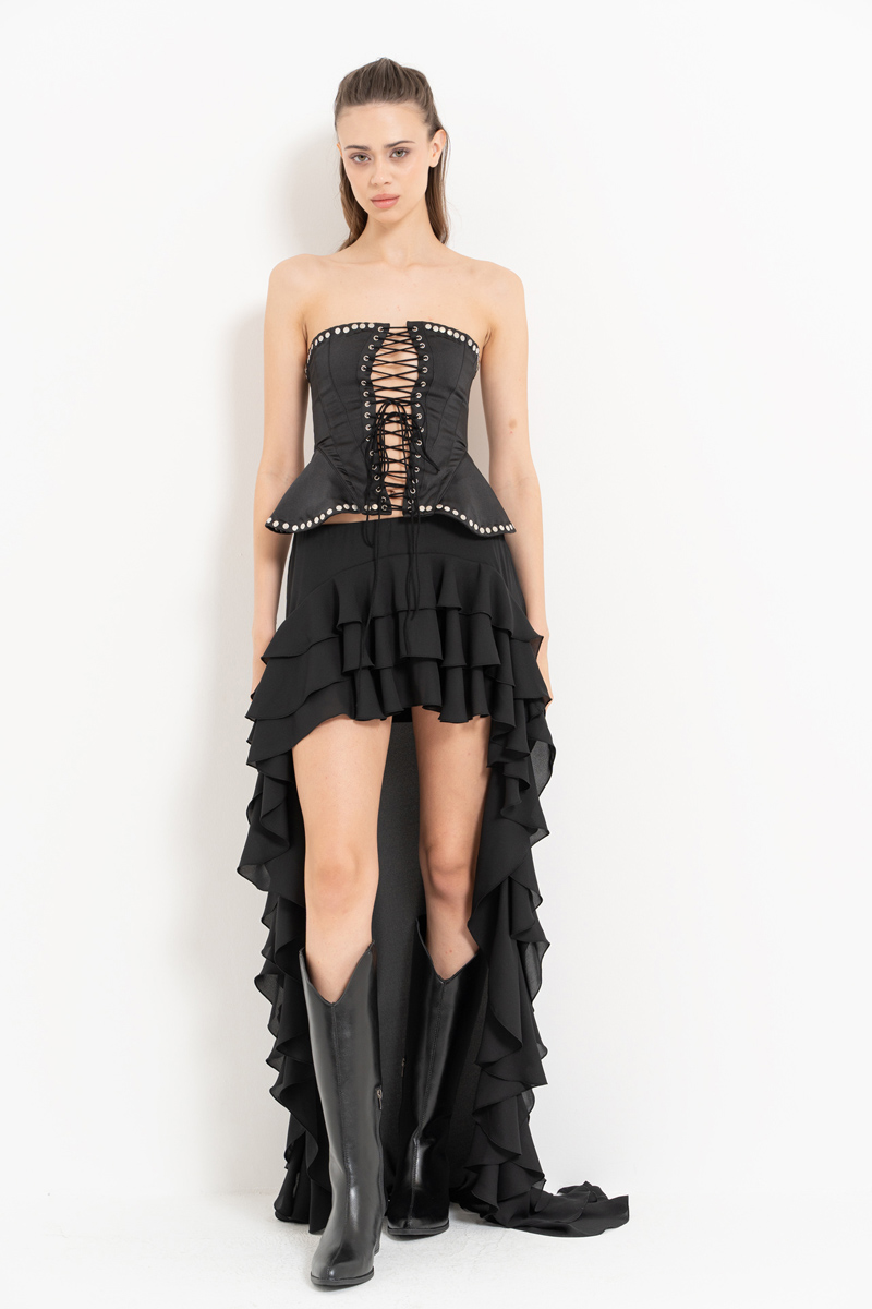 Black Ruffle-Trim High-Low Skirt