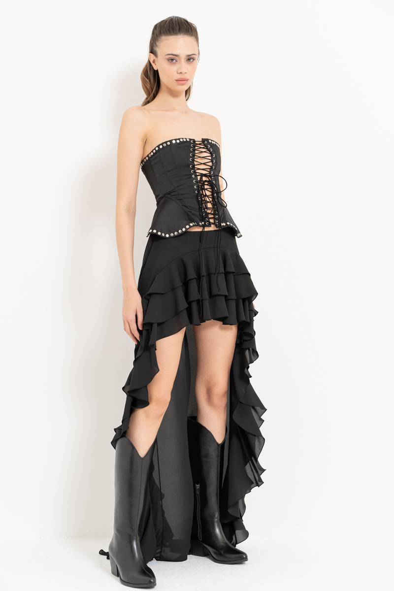 Black Ruffle-Trim High-Low Skirt