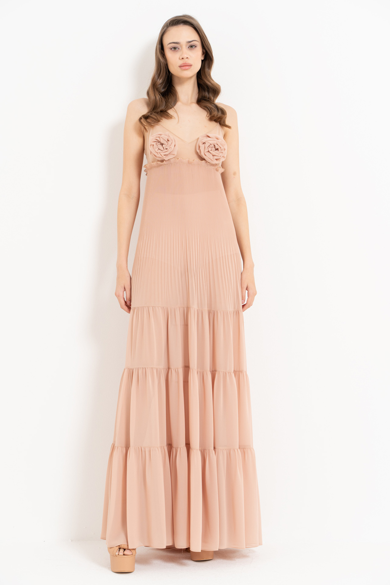 Nude Rose-Accent Chiffon Maxi Dress