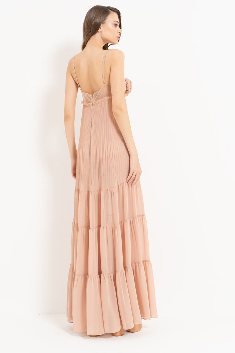 Nude Rose-Accent Chiffon Maxi Dress
