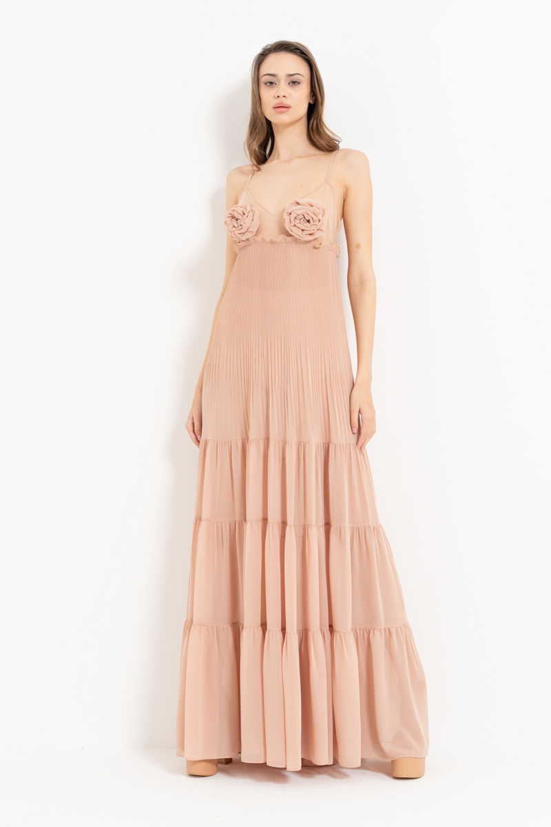 Wholesale Nude Rose-Accent Chiffon Maxi Dress