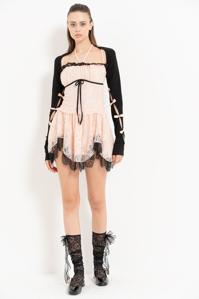 Black-Powder Cami Lace Dress & Bow-Accent Bolero Set