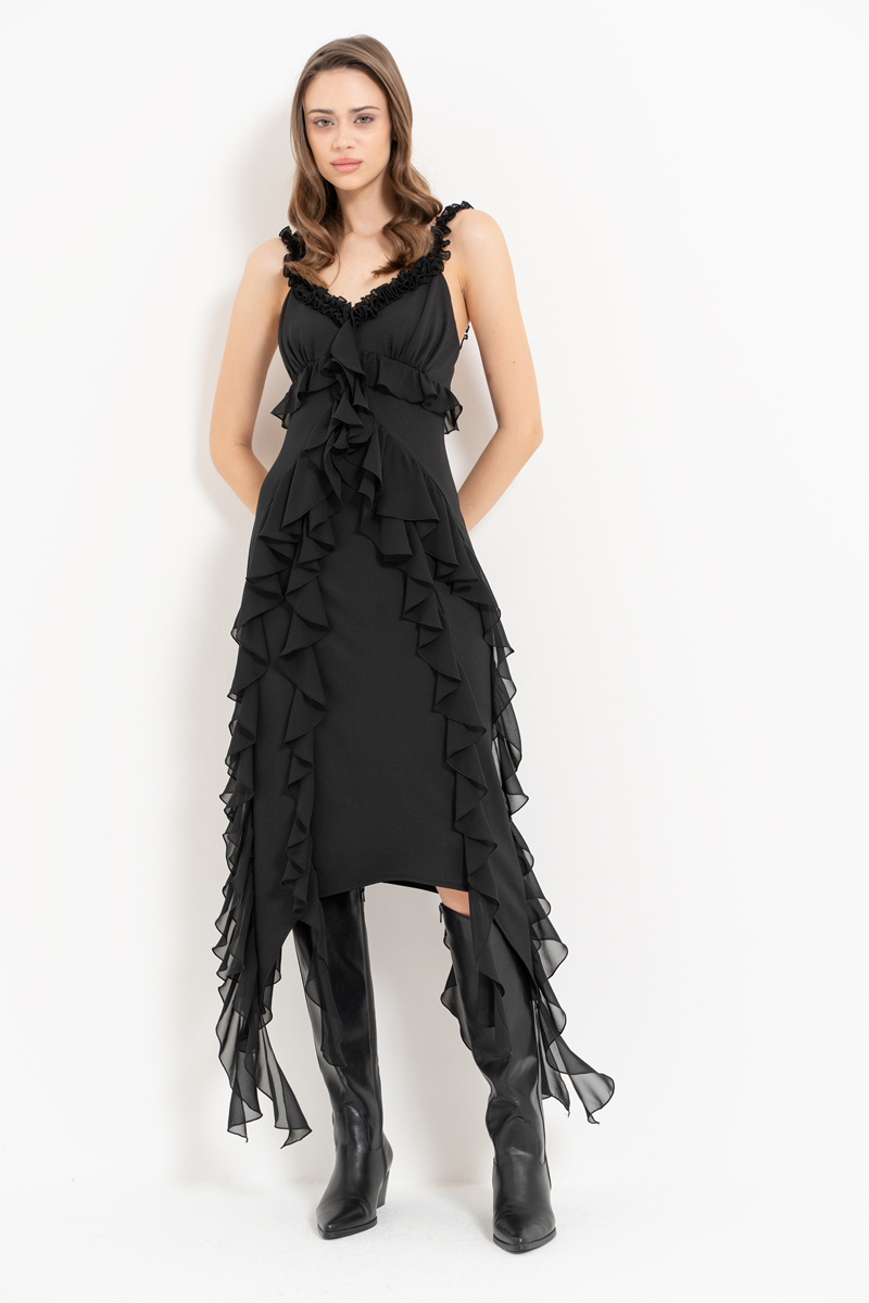 Black Ruffle-Trim Cami Dress