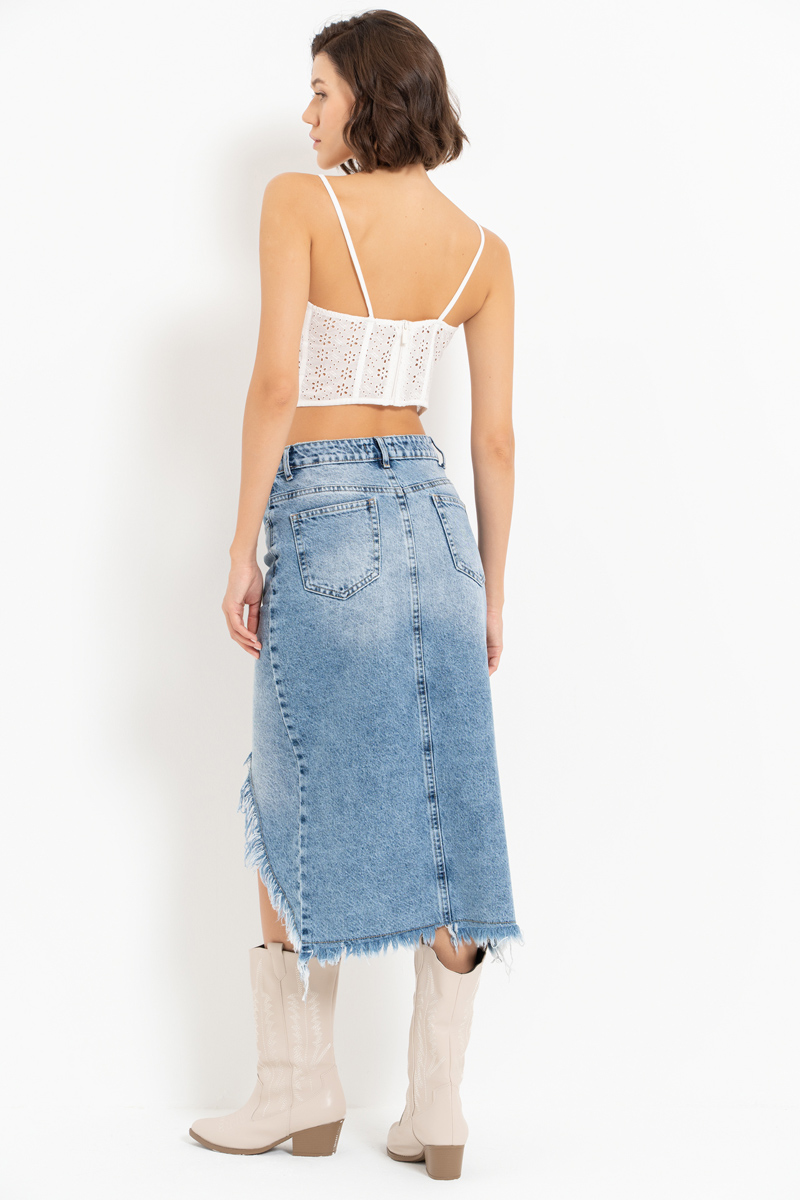 Blue Frayed-Hem Denim Midi Skirt