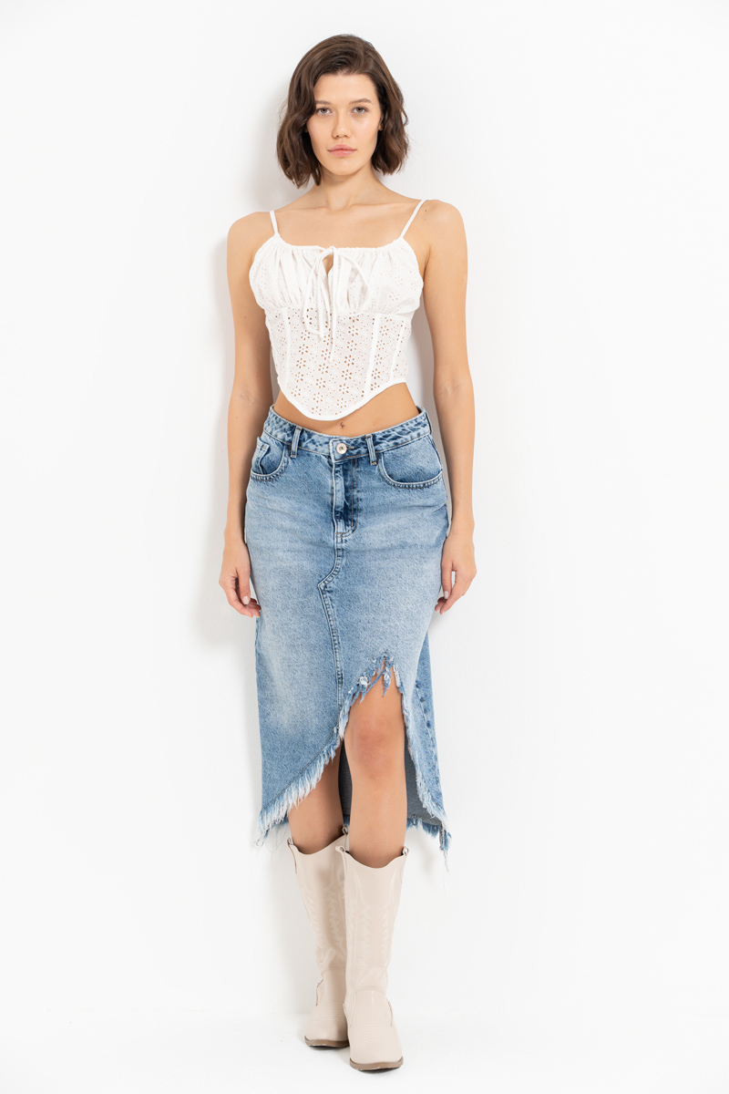 Blue Frayed-Hem Denim Midi Skirt