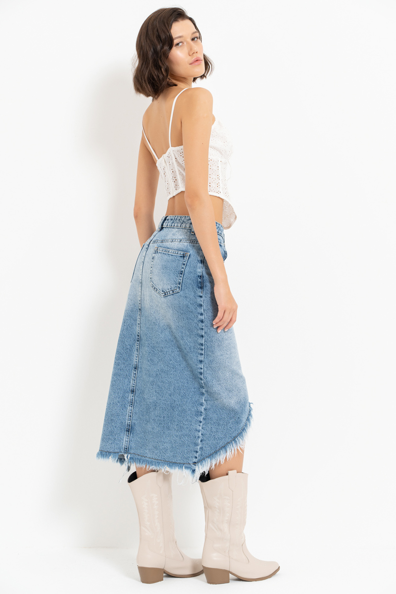 Blue Frayed-Hem Denim Midi Skirt