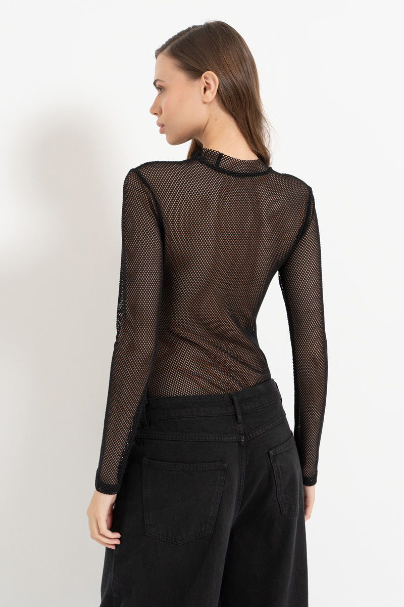 Wholesale Black Snap-Button Net Bodysuit