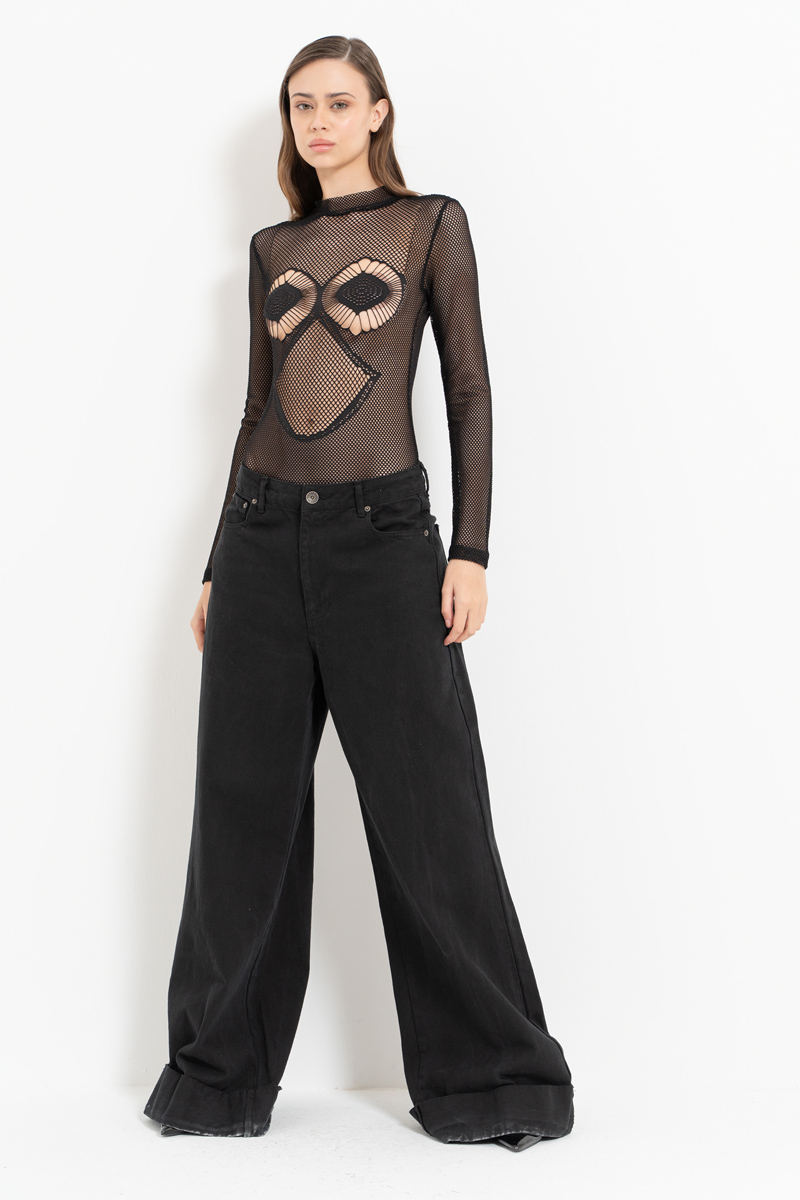 Wholesale Black Snap-Button Net Bodysuit