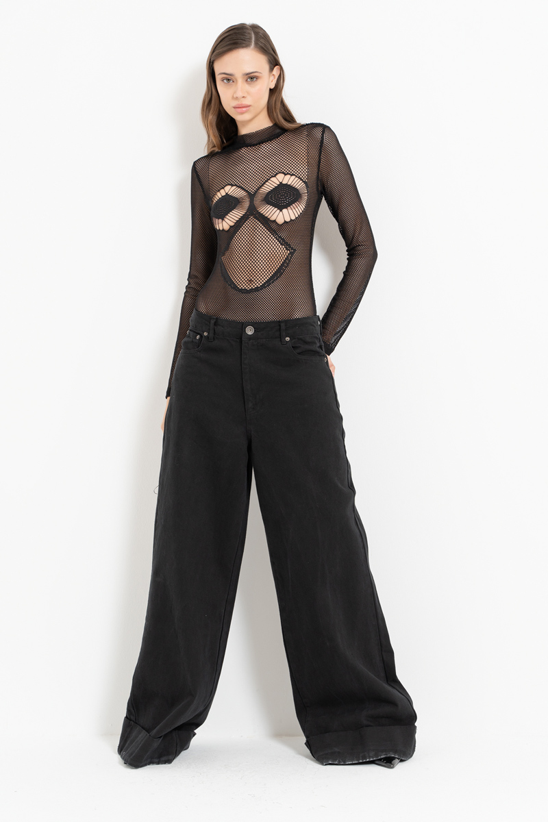 Black Snap-Button Net Bodysuit