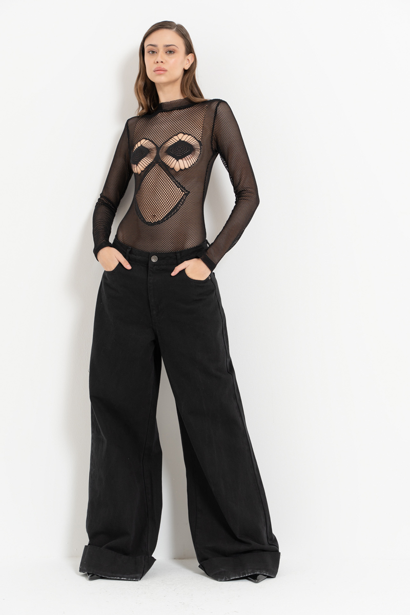 Wholesale Black Snap-Button Net Bodysuit