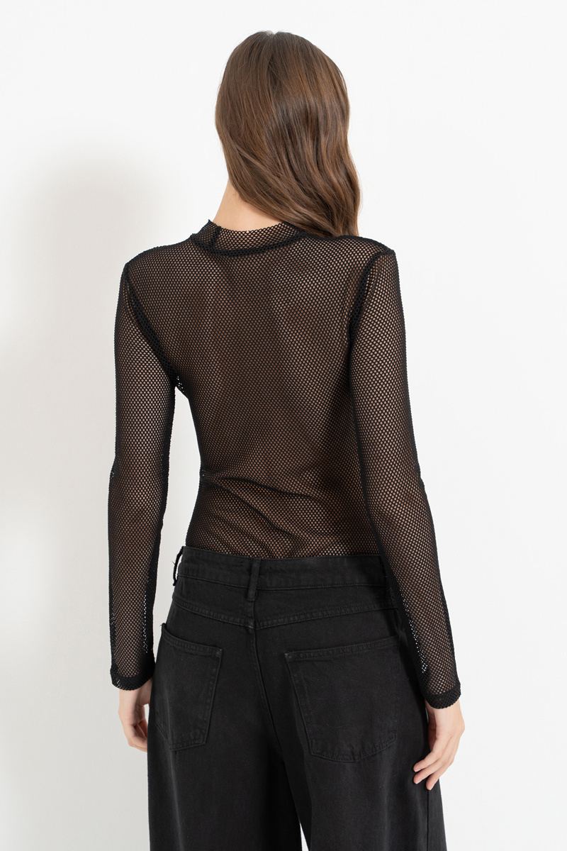 Wholesale Black Snap-Button Net Bodysuit