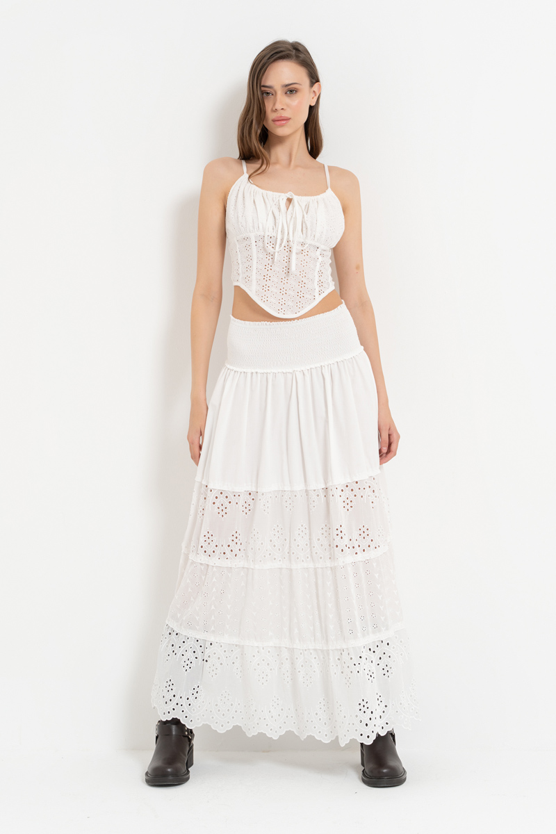 Offwhite Elastic-Waist Embroidered Maxi Skirt