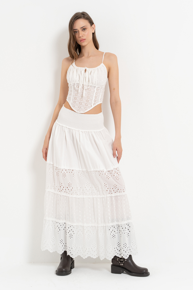 Offwhite Elastic-Waist Embroidered Maxi Skirt