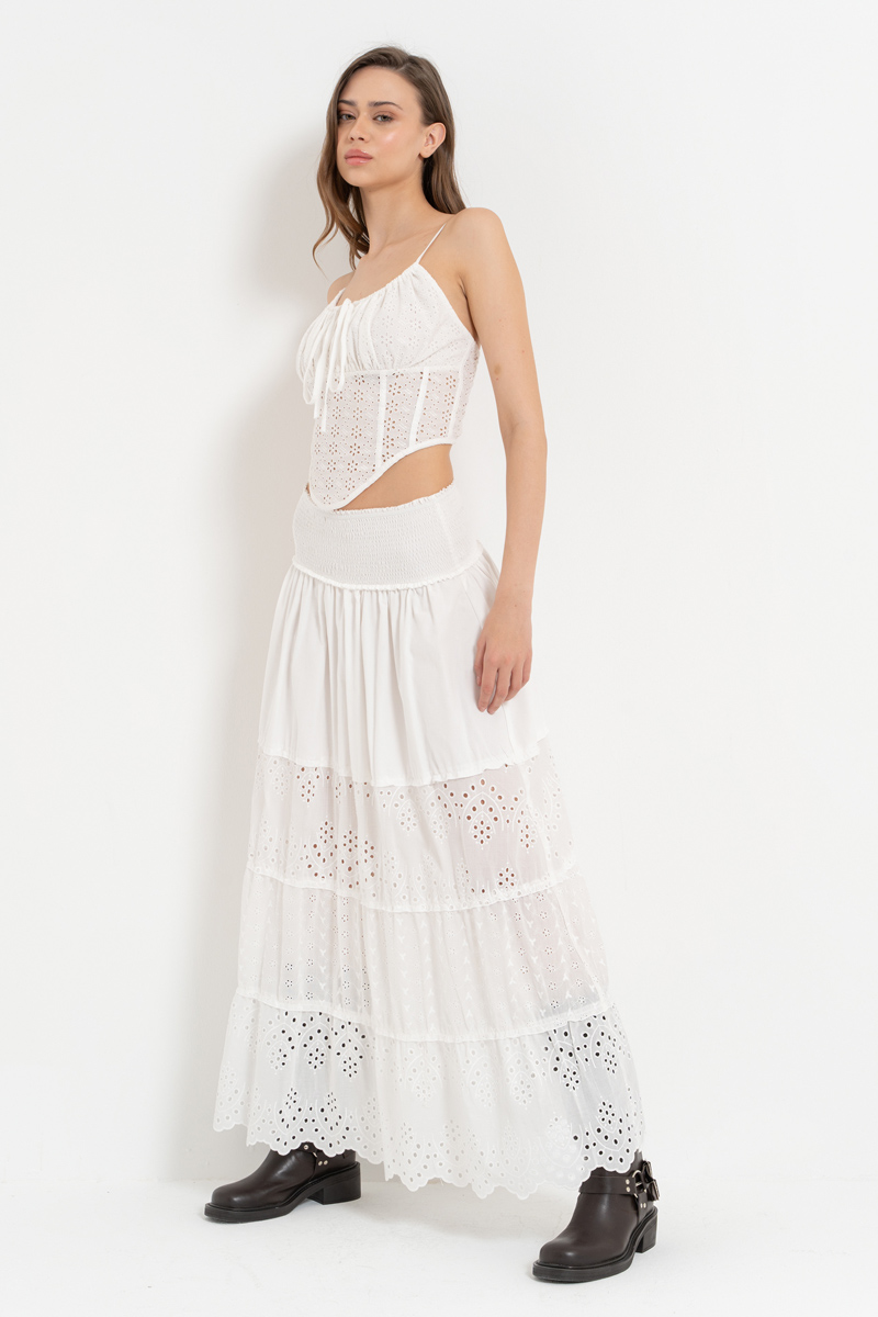 Offwhite Elastic-Waist Embroidered Maxi Skirt