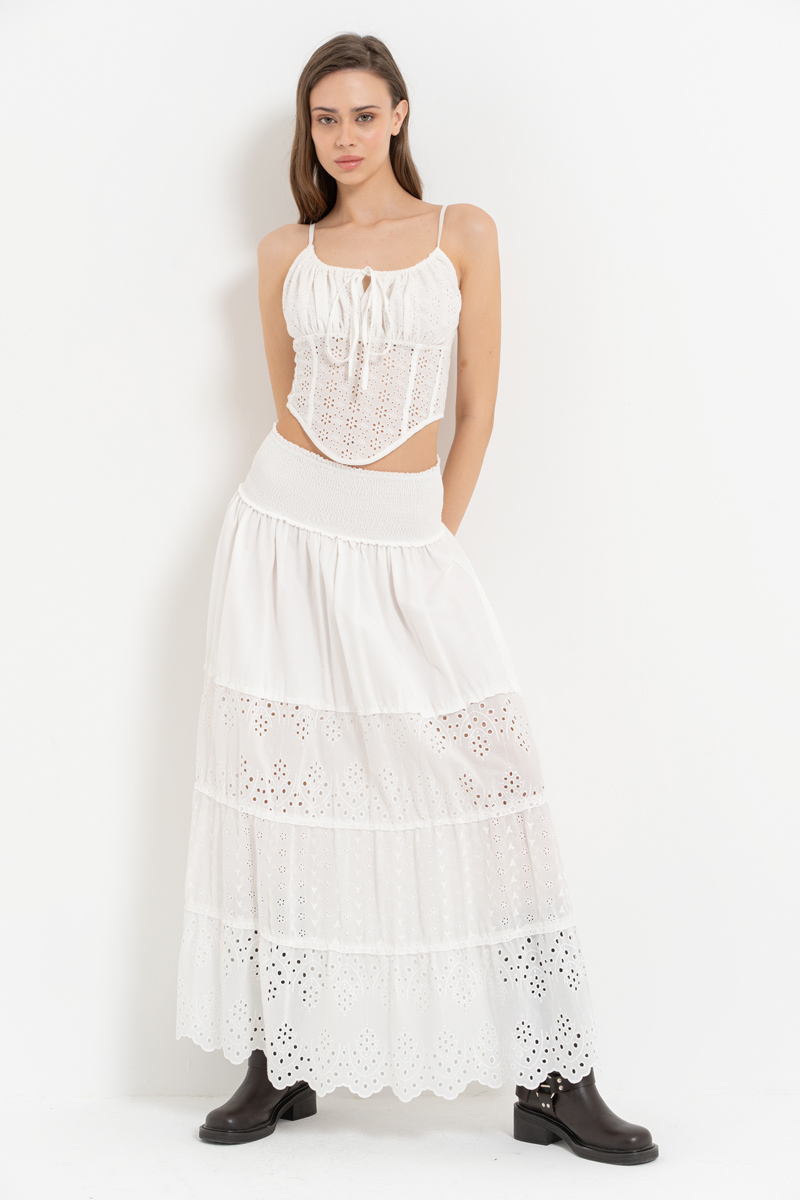 Offwhite Elastic-Waist Embroidered Maxi Skirt