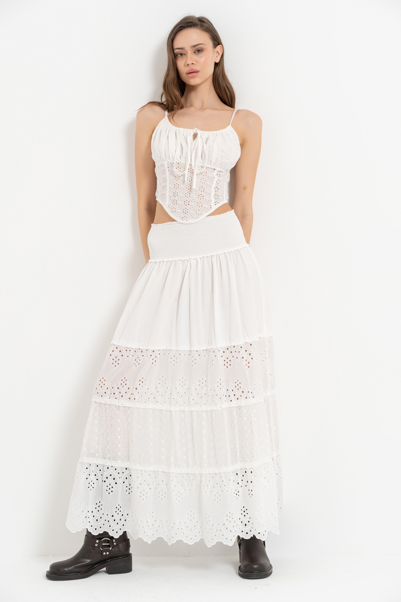 Offwhite Elastic-Waist Embroidered Maxi Skirt