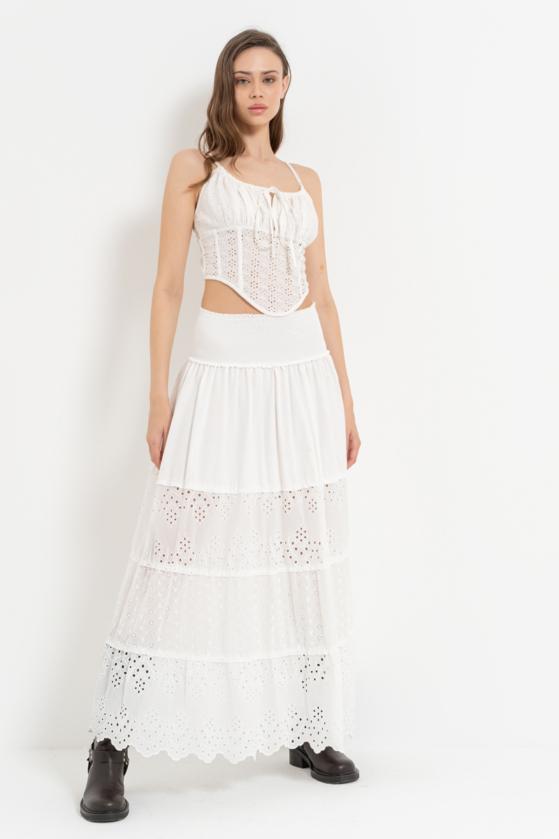 Offwhite Elastic-Waist Embroidered Maxi Skirt