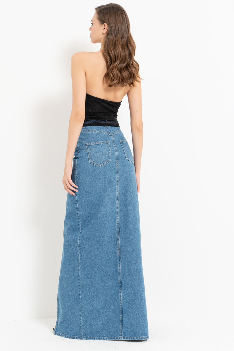 Blue Split-Front Denim Maxi Skirt