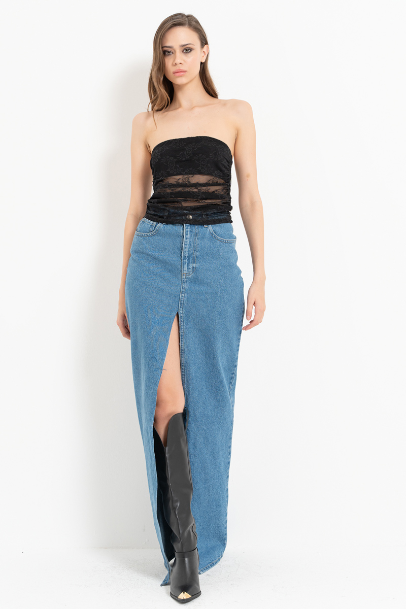 Blue Split-Front Denim Maxi Skirt