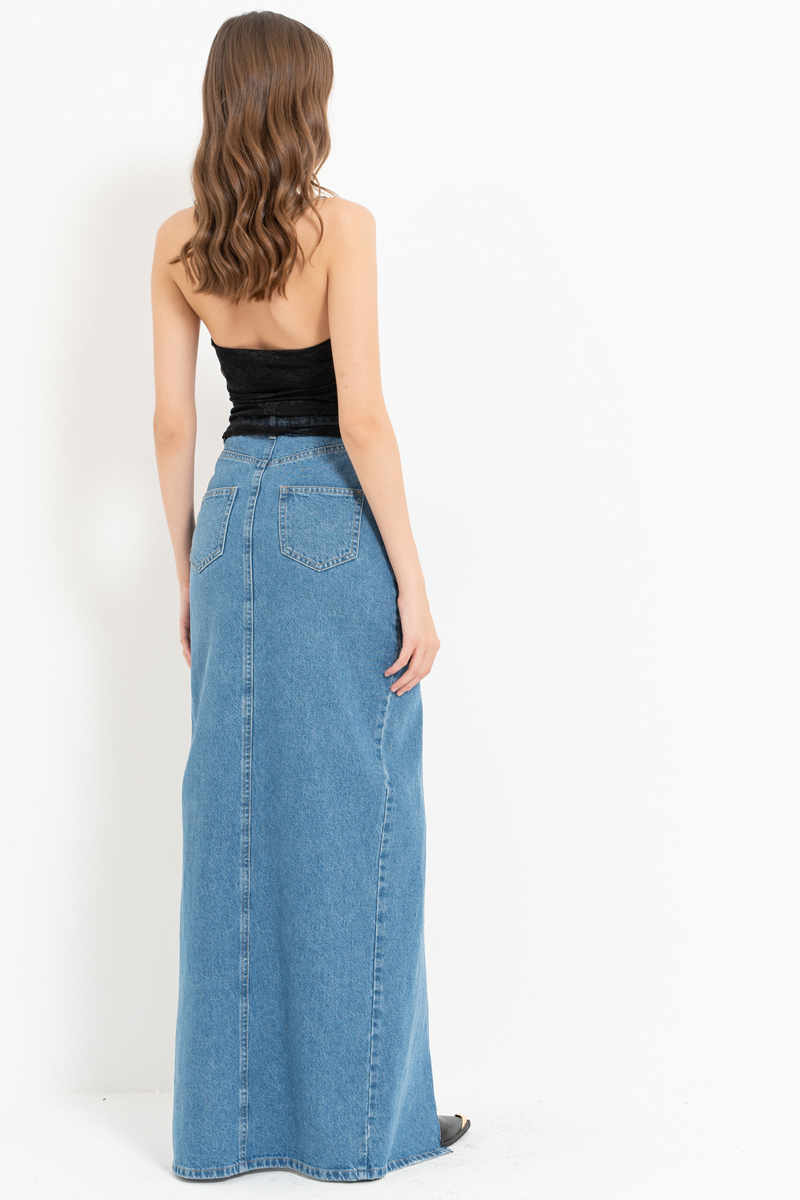 Blue Split-Front Denim Maxi Skirt