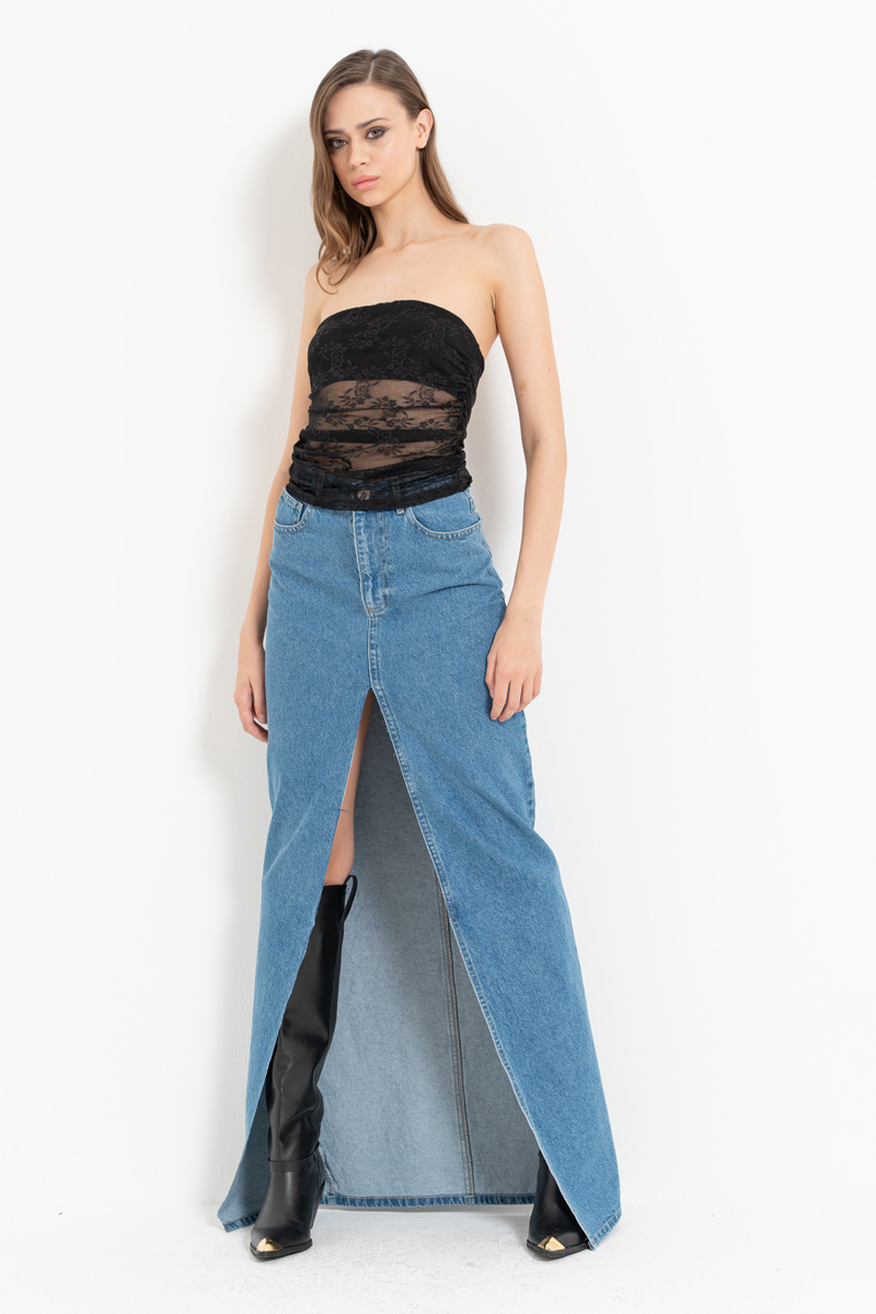 Blue Split-Front Denim Maxi Skirt