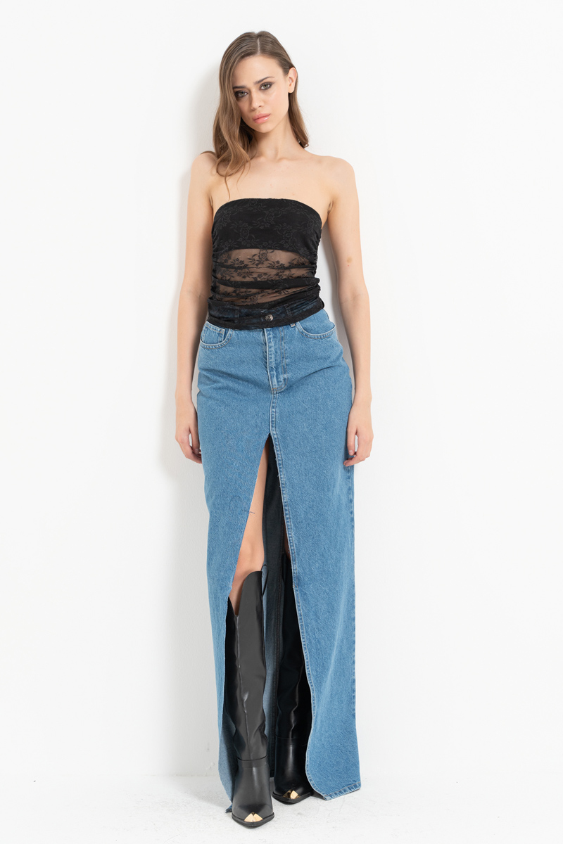 Blue Split-Front Denim Maxi Skirt