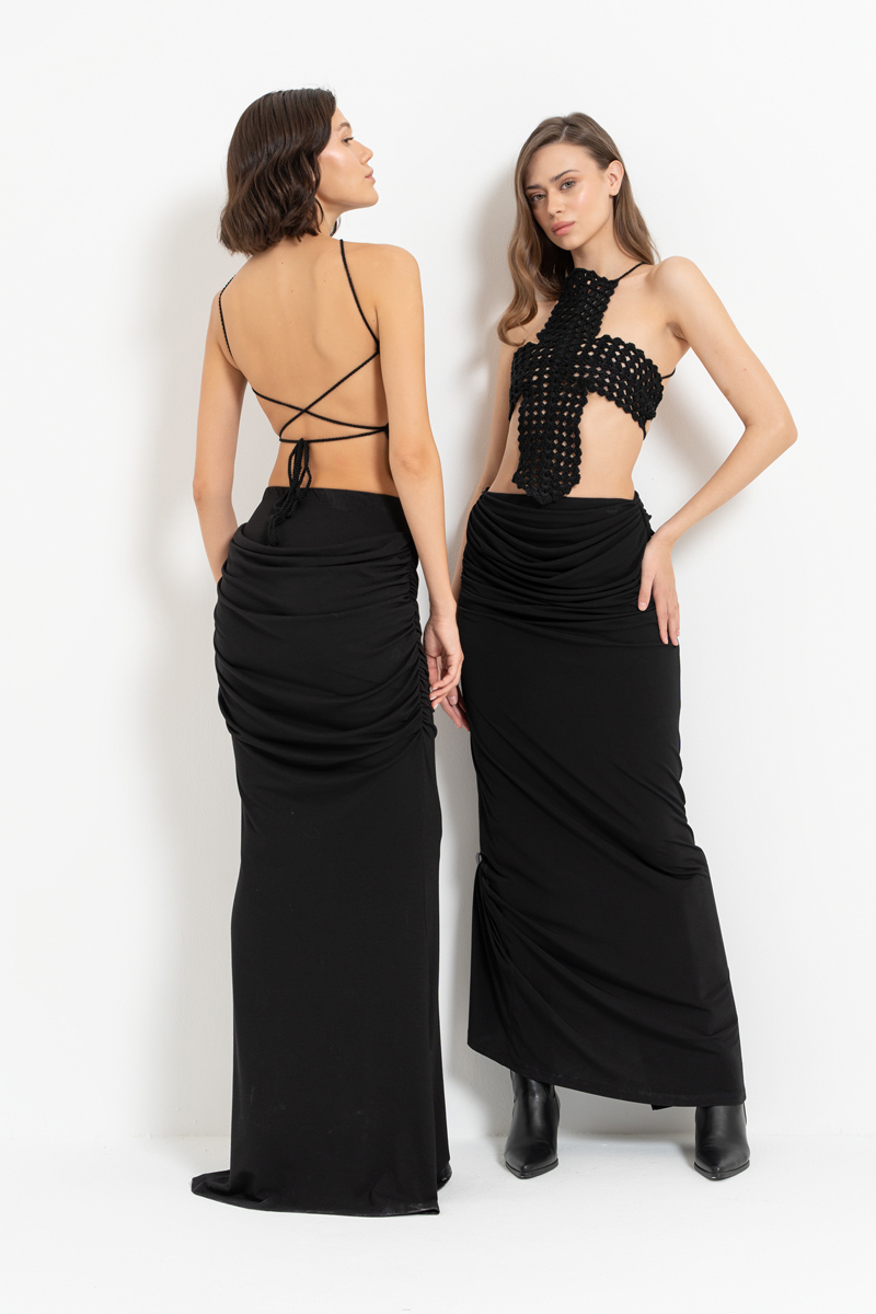 Wholesale Black Ruched Maxi Skirt