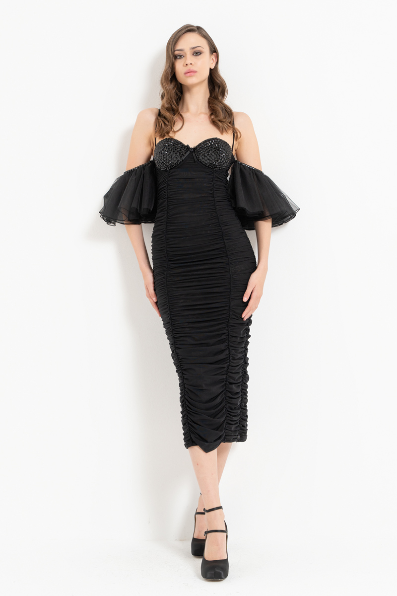 Black Low-Shoulder Ruched Dress