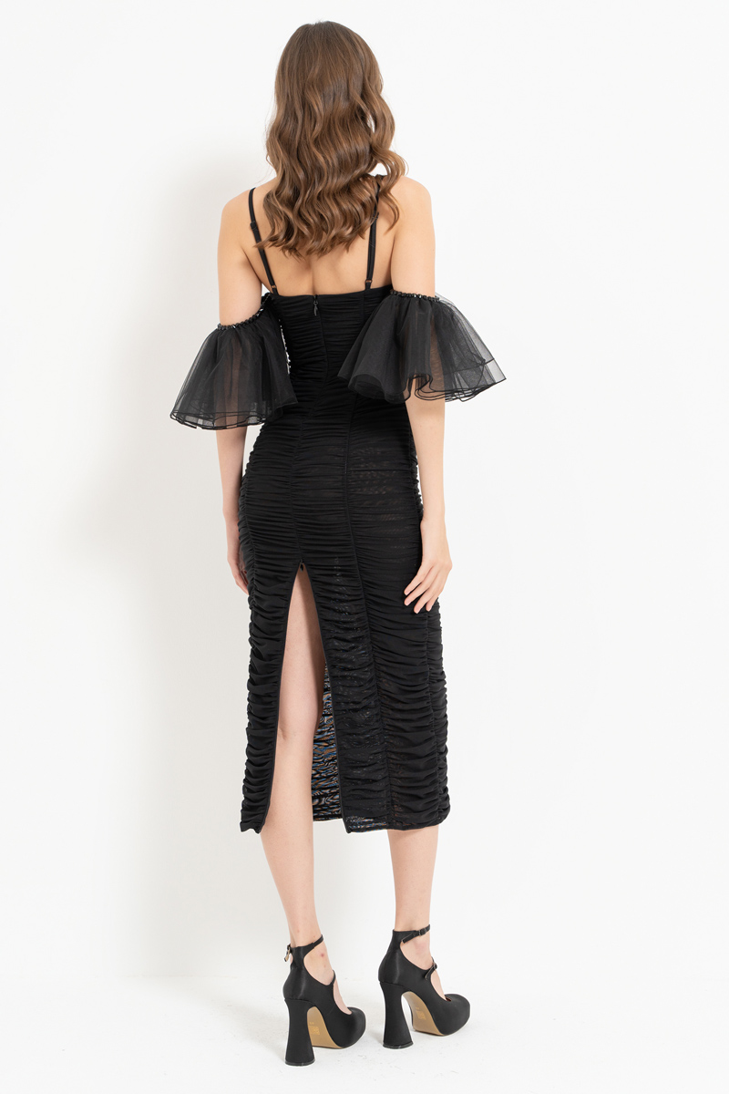 Black Low-Shoulder Ruched Dress