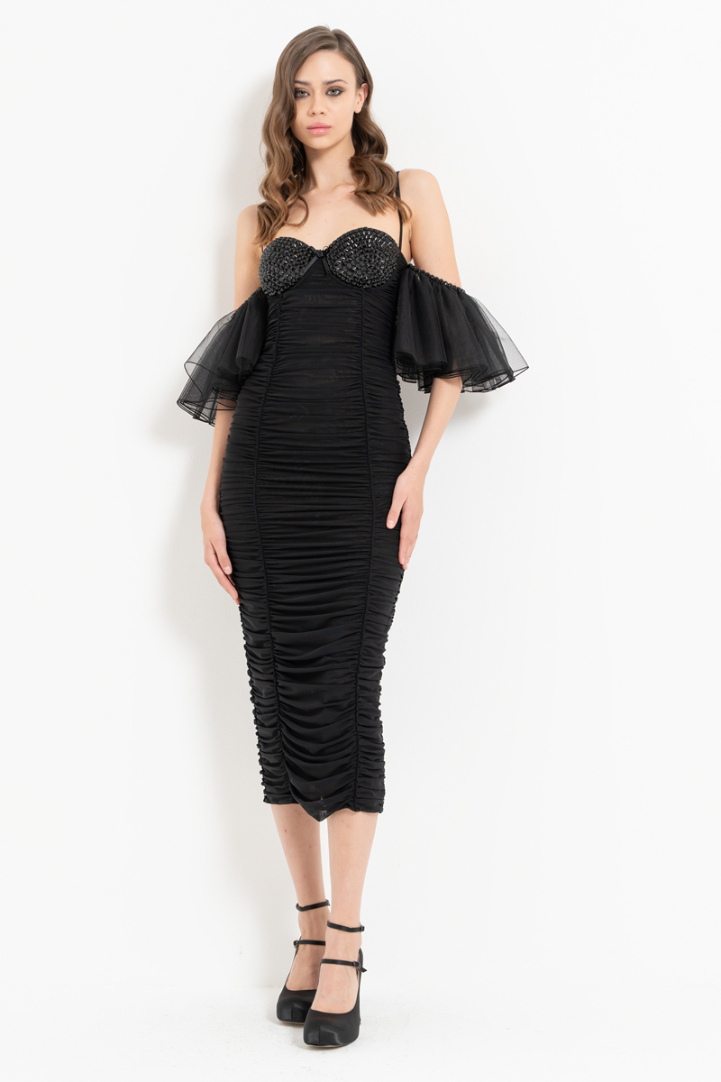 Black Low-Shoulder Ruched Dress