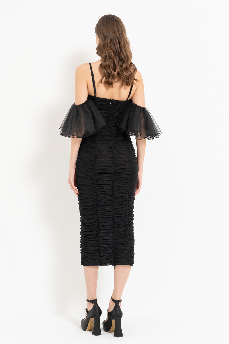 Black Low-Shoulder Ruched Dress