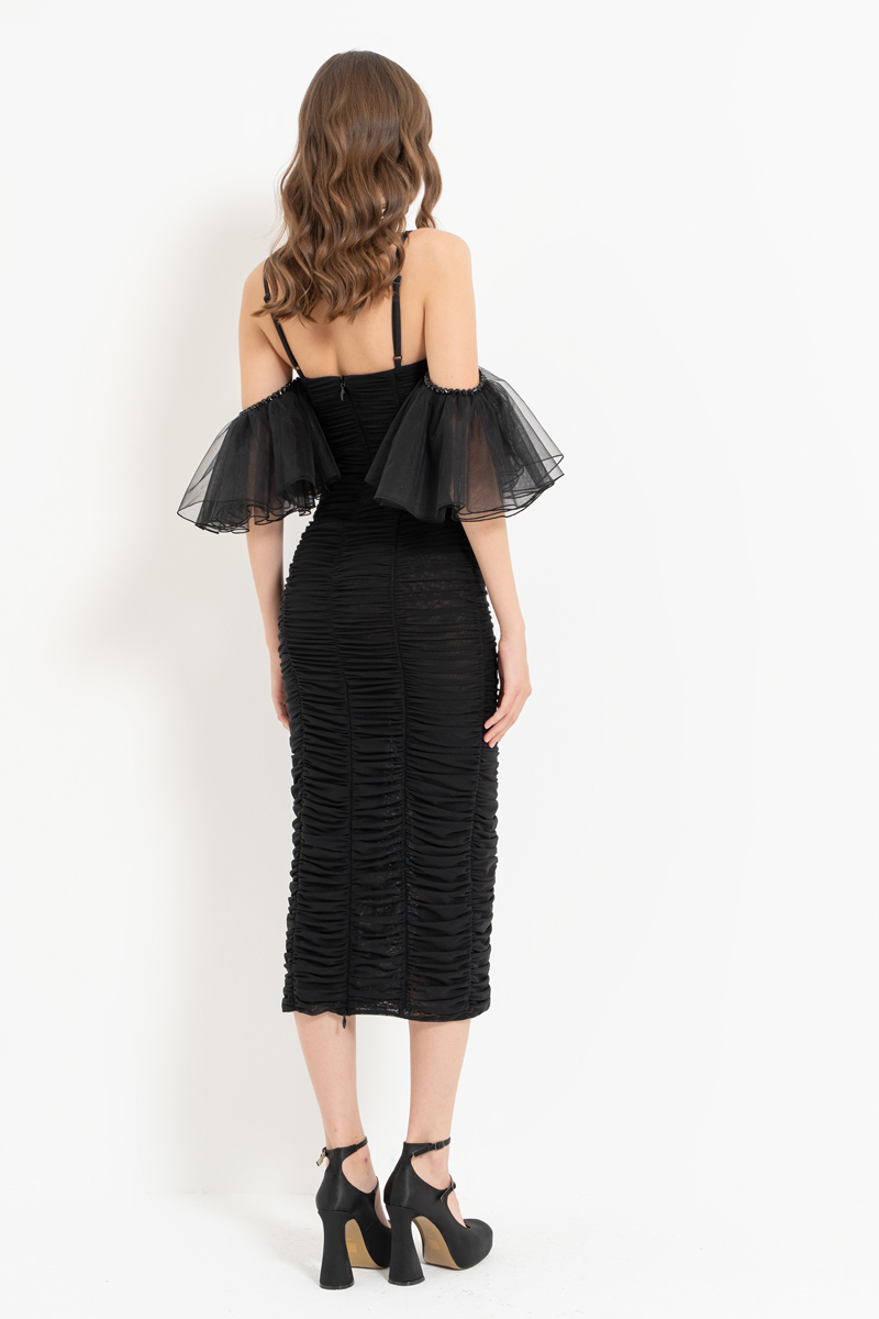 Black Low-Shoulder Ruched Dress