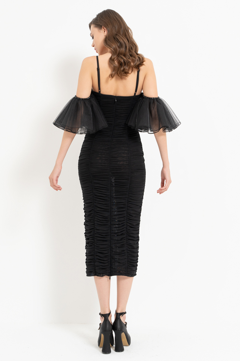 Black Low-Shoulder Ruched Dress