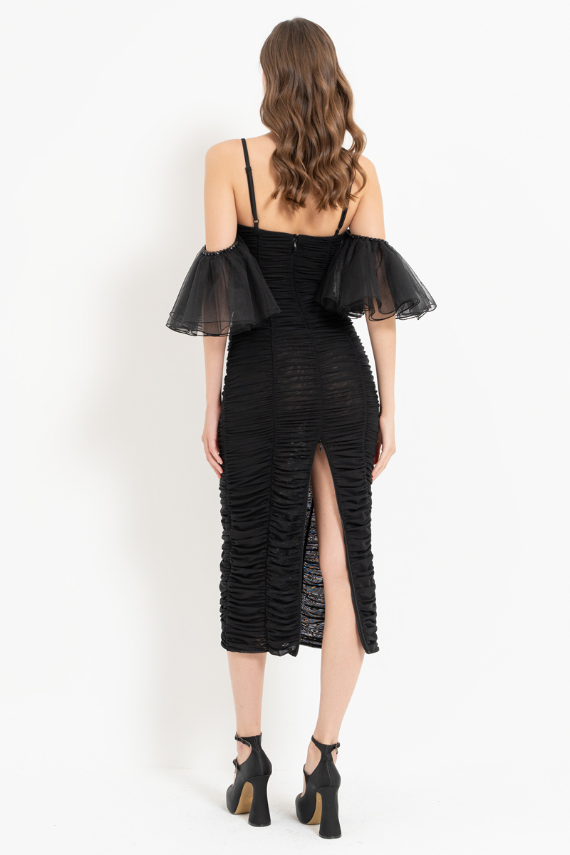 Black Low-Shoulder Ruched Dress