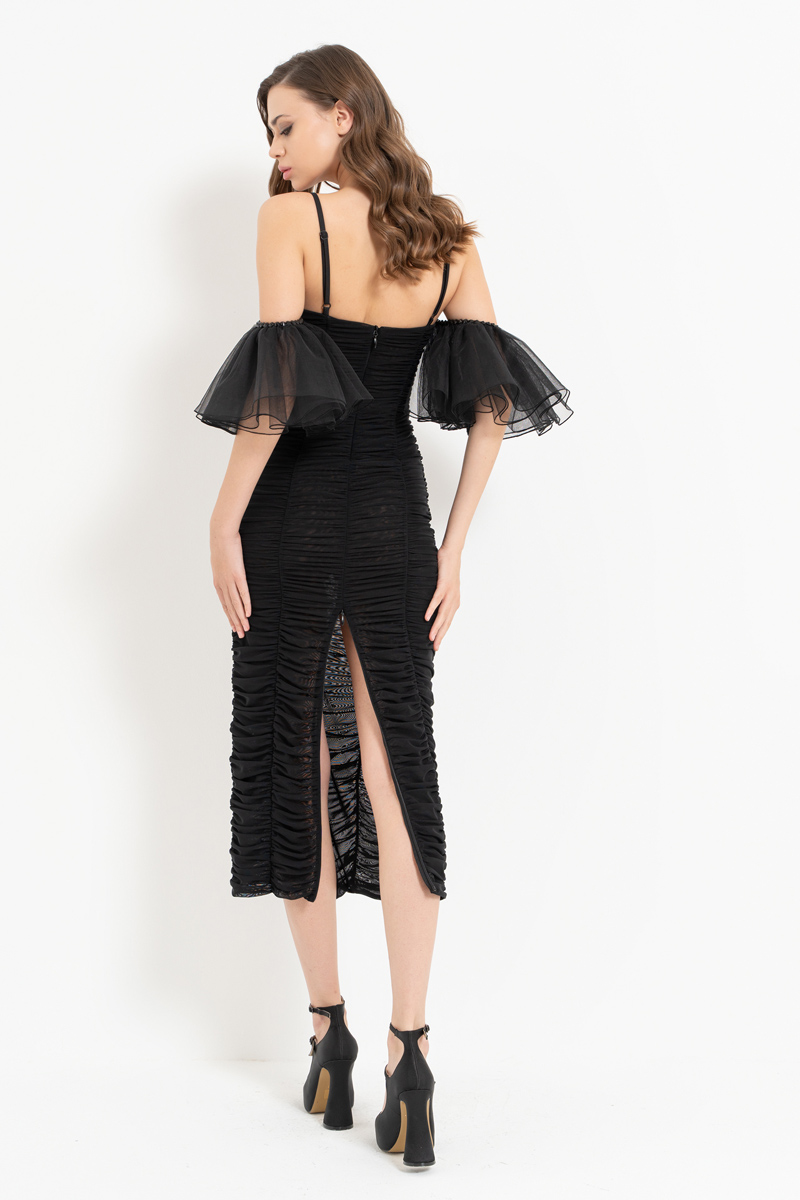 Black Low-Shoulder Ruched Dress