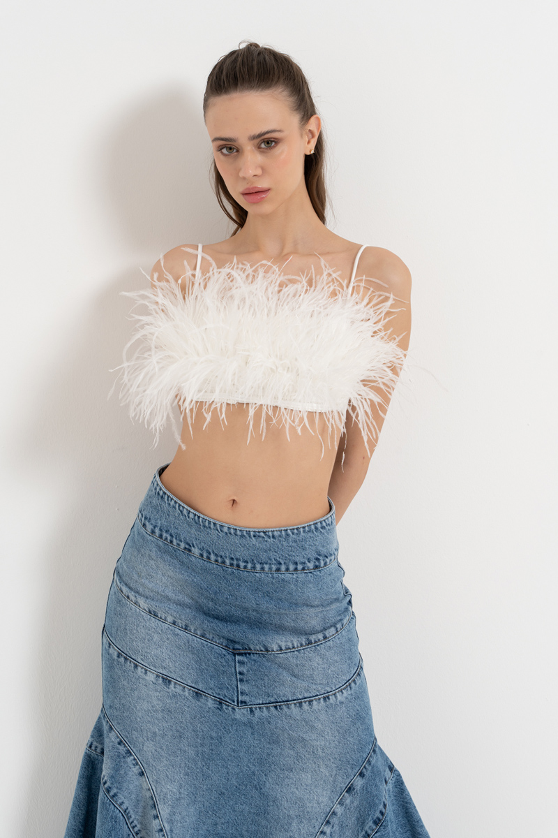 Wholesale Offwhite Feather-Trim Crop Cami