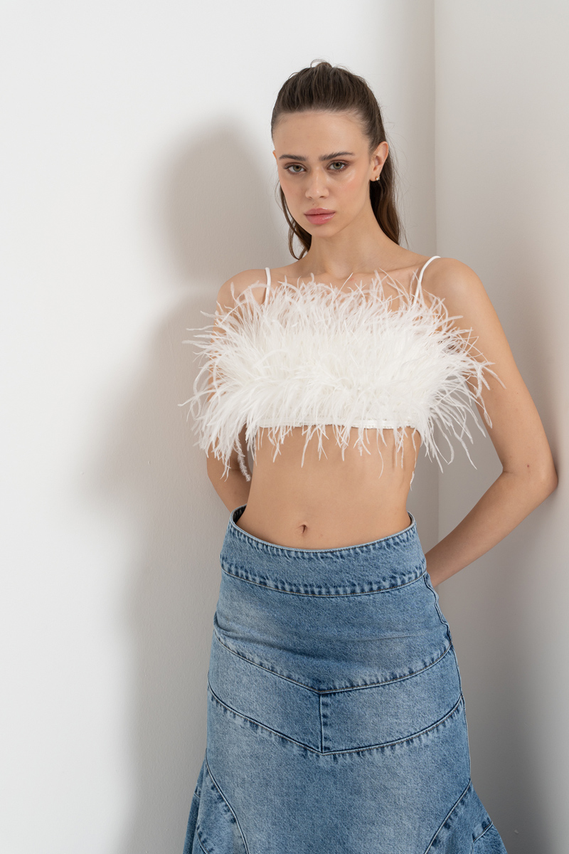 Wholesale Offwhite Feather-Trim Crop Cami