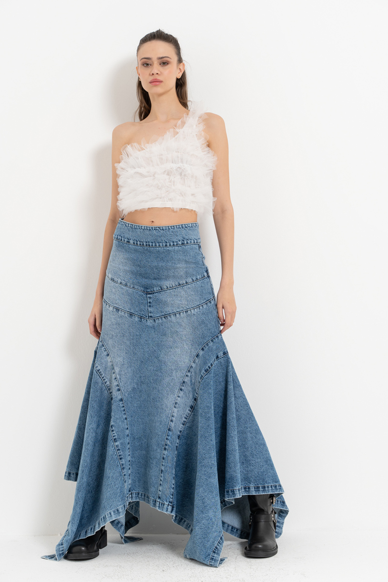 Wholesale Offwhite One-Shoulder Ruffle-Trim Crop Top