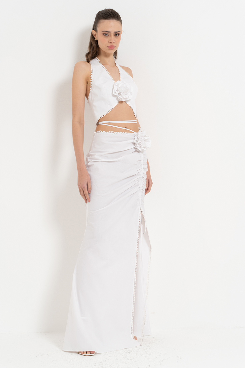 Wholesale Offwhite Rose-Accent Crop Cami & Strappy Skirt Set