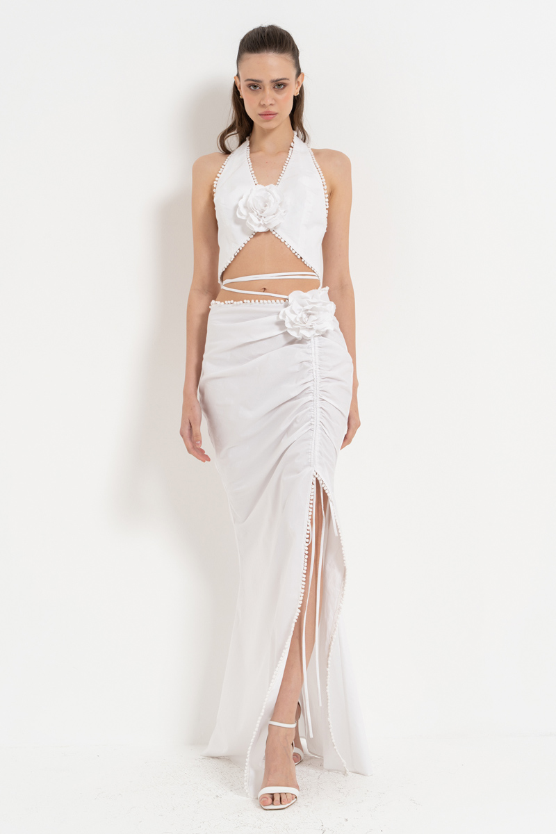 Offwhite Rose-Accent Crop Cami & Strappy Skirt Set