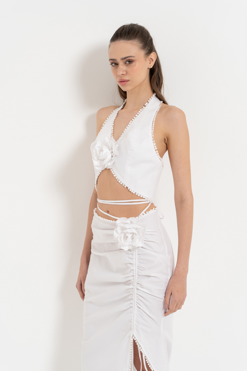 Offwhite Rose-Accent Crop Cami & Strappy Skirt Set