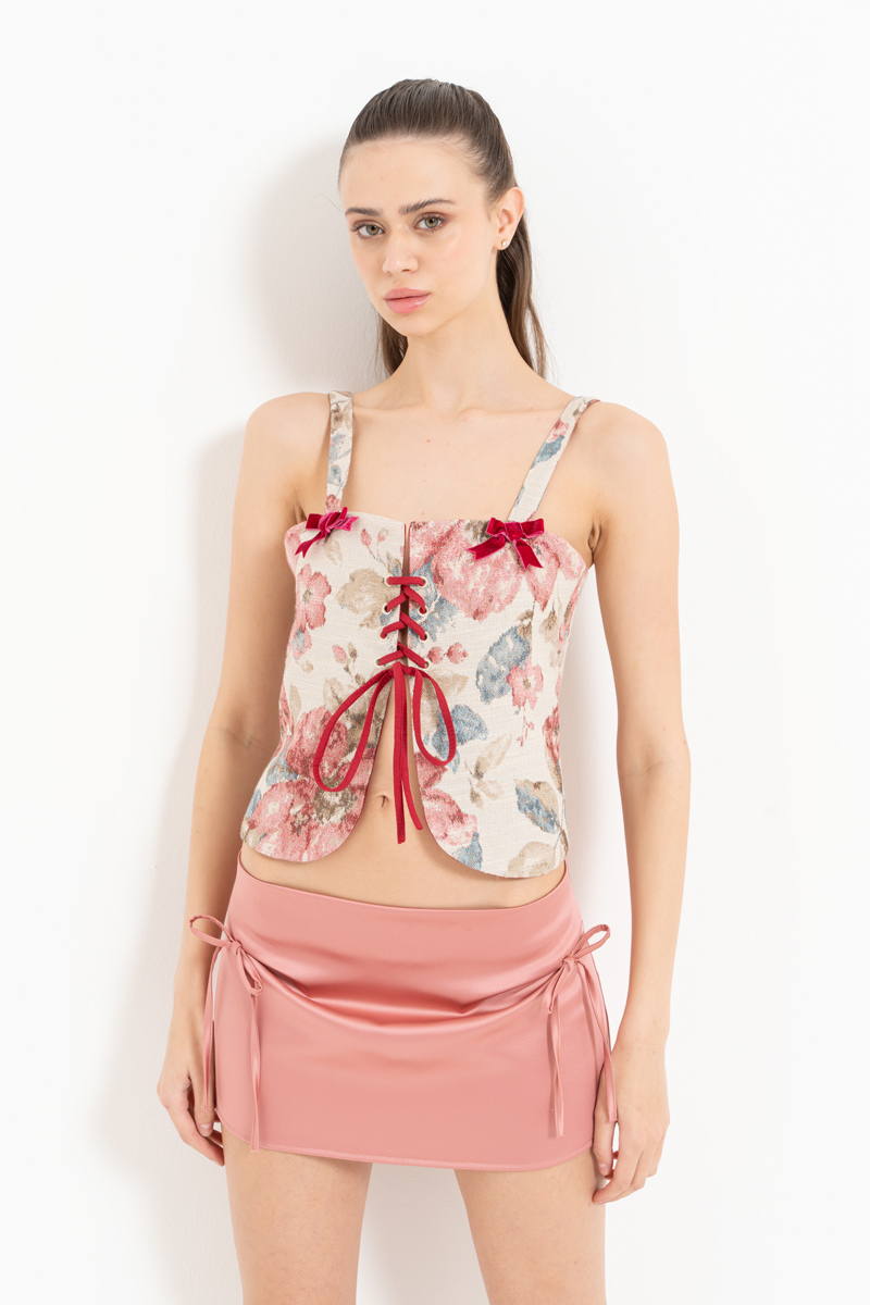 PİNK-BEİGE-FLOWER Printed Cami Bustier