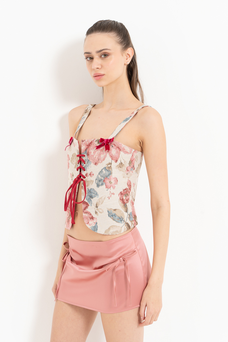 PİNK-BEİGE-FLOWER Printed Cami Bustier