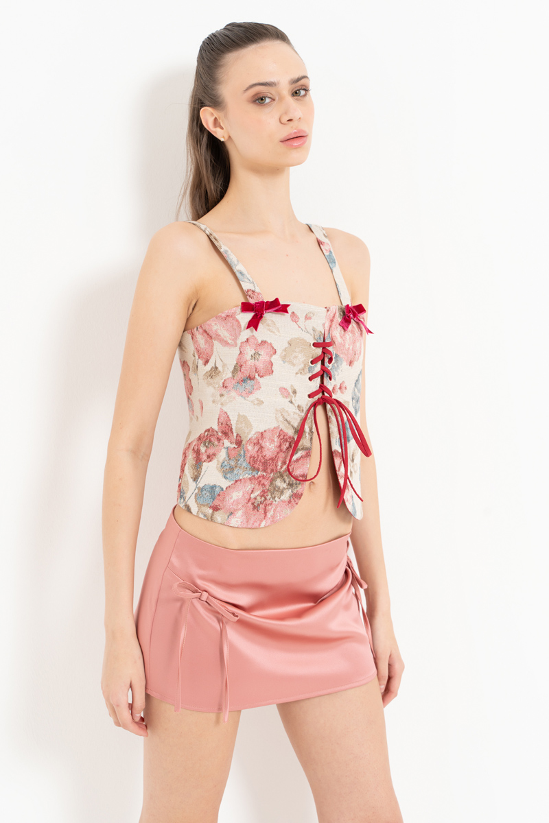 PİNK-BEİGE-FLOWER Printed Cami Bustier