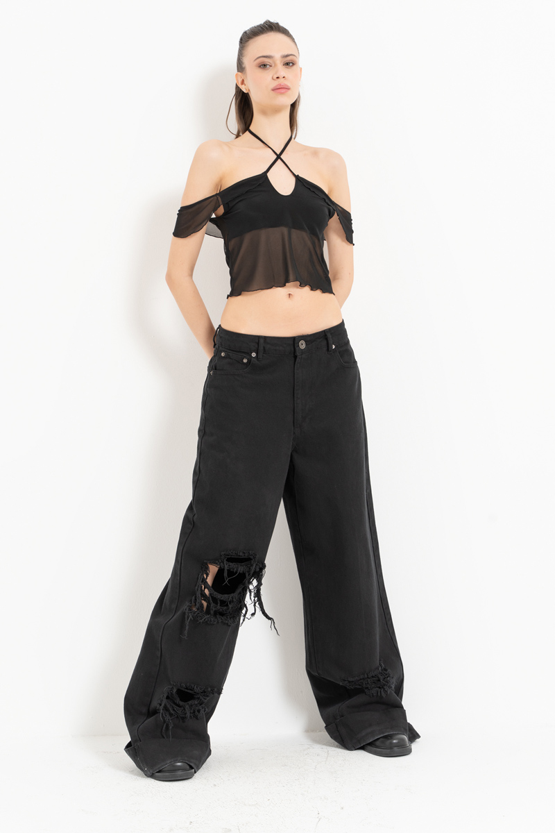 Black Off-the-Shoulder Mesh Top