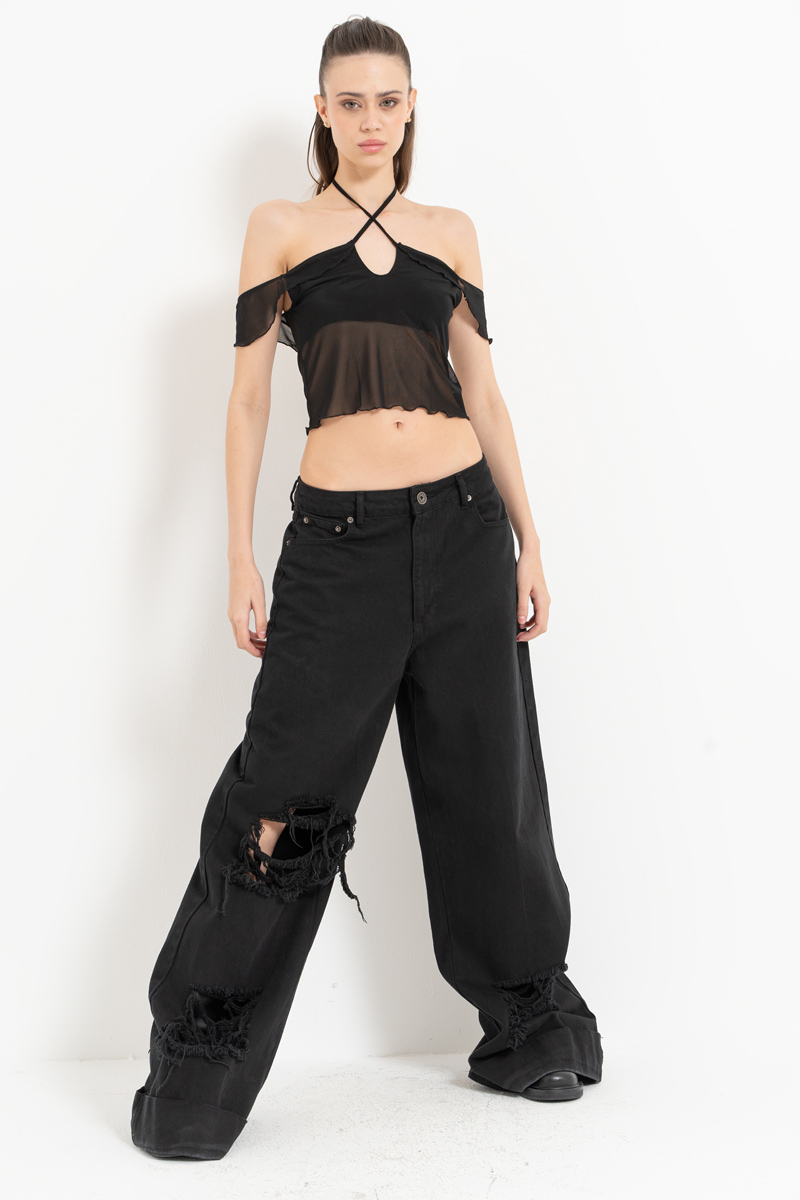 Black Off-the-Shoulder Mesh Top