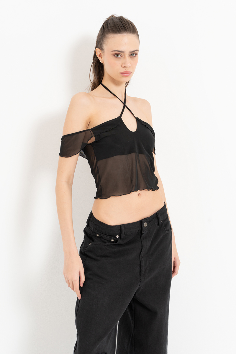 Black Off-the-Shoulder Mesh Top