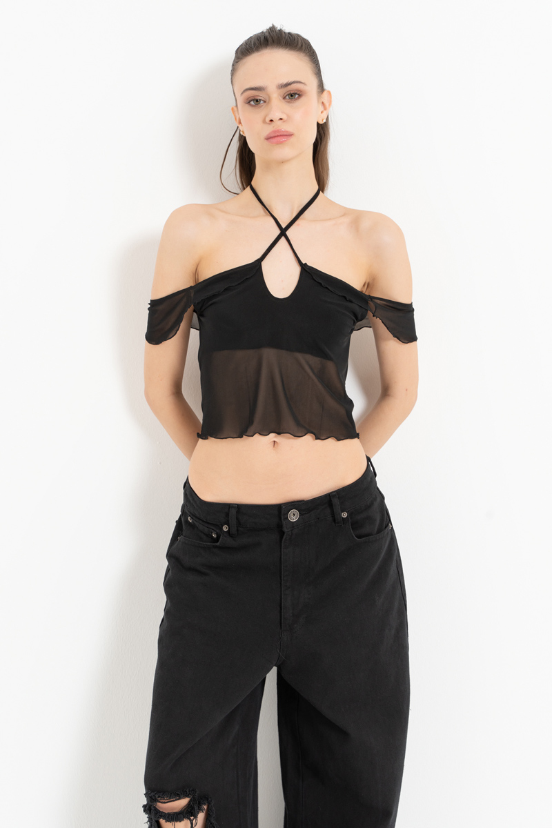 Black Off-the-Shoulder Mesh Top