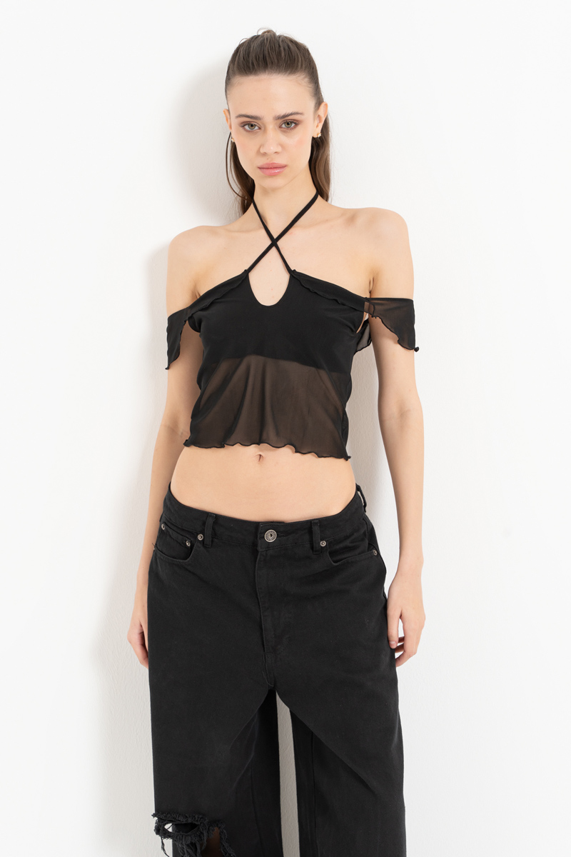 Black Off-the-Shoulder Mesh Top