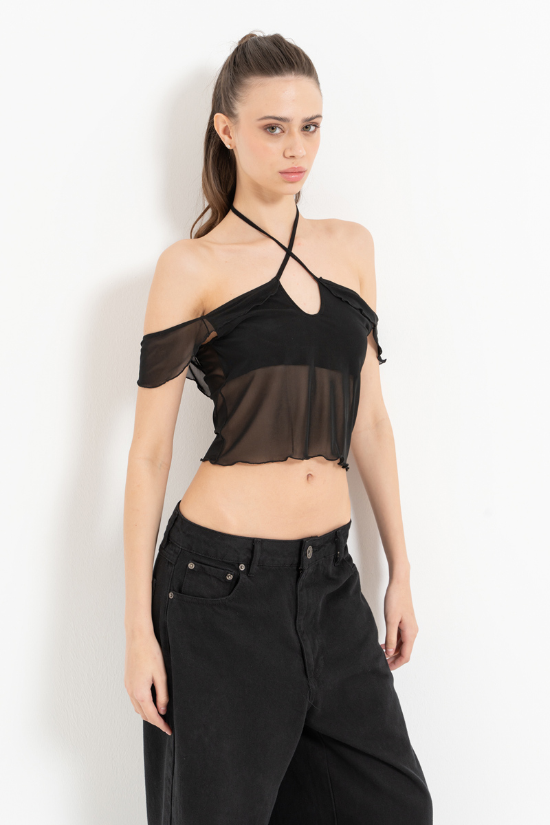 Black Off-the-Shoulder Mesh Top